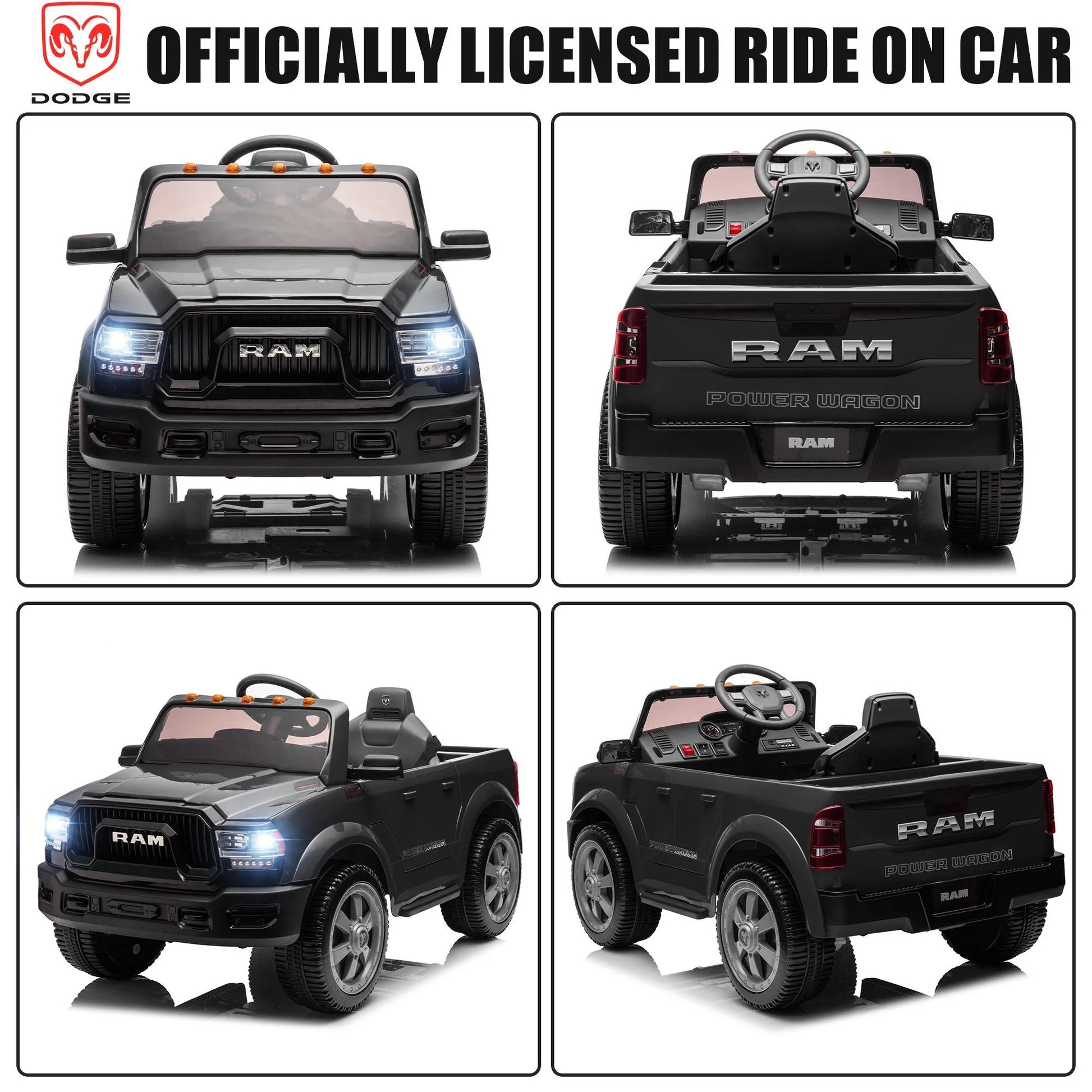 Dodge RAM 2500 Ride on Car for Kids, 12V Powered Ride on Toy with Remote Control, Rear Wheel Suspension, 5 Point Safety Harness, Bluetooth, LED Lights, Electric Vehicles for 3-6 Year Boys, Black