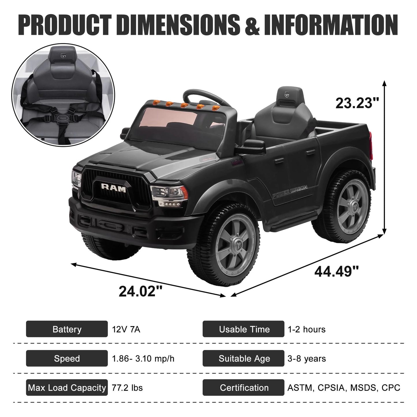 Dodge RAM 2500 Ride on Car for Kids, 12V Powered Ride on Toy with Remote Control, Rear Wheel Suspension, 5 Point Safety Harness, Bluetooth, LED Lights, Electric Vehicles for 3-6 Year Boys, Black