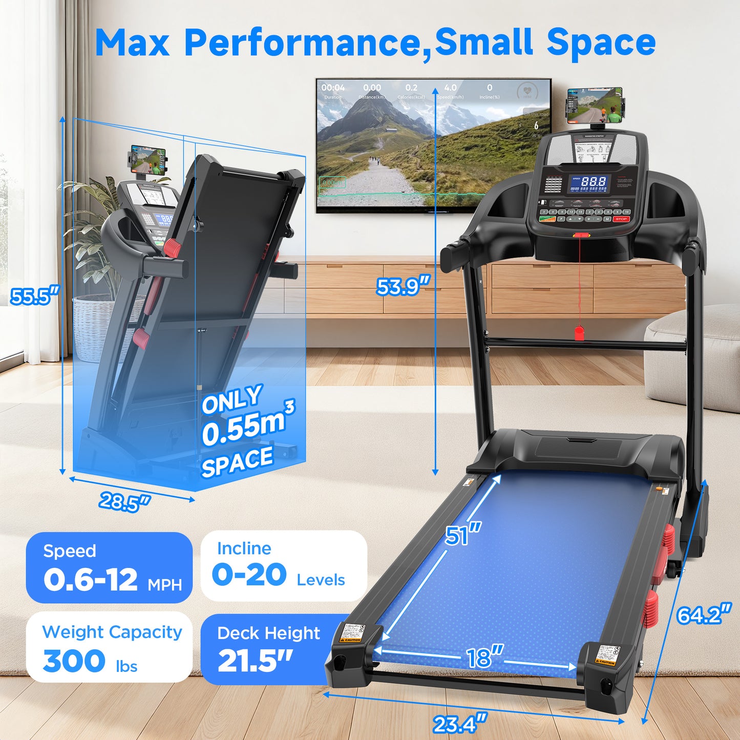 Famistar 5.0HP Folding Treadmill for Home with 20 Auto Incline, Smart APP, 300Lbs, Hifi Bluetooth Speakers, 64 Programs, 12MPH Speed, Foldable Electric Treadmill Running Machine, Knee Strap Gift