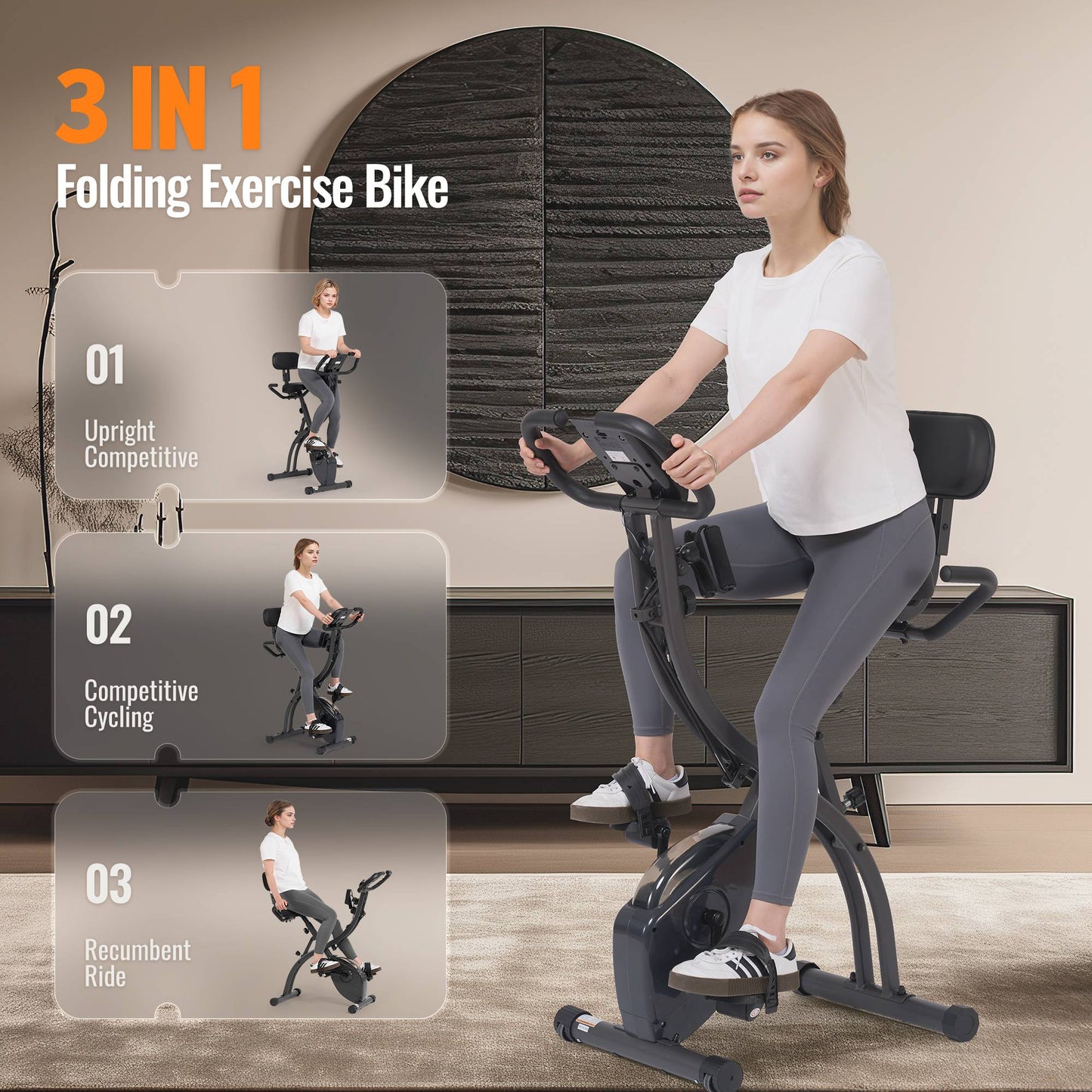 3 in 1 Exercise Bike Quiet Folding Magnetic Stationary Exercise Bikes with Arm Resistance Bands Home Workout Use