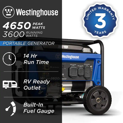 4,650/3,600-Watt Recoil Start Gas Powered Portable Generator with Wheel and Handle Kit, CO Sensor