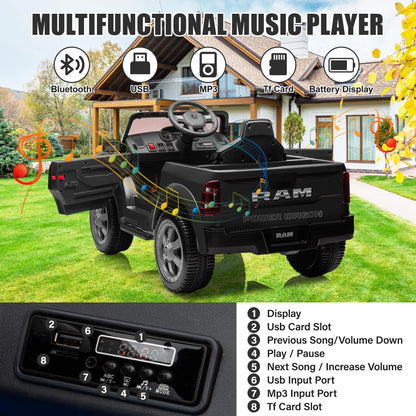 Dodge RAM 2500 Ride on Car for Kids, 12V Powered Ride on Toy with Remote Control, Rear Wheel Suspension, 5 Point Safety Harness, Bluetooth, LED Lights, Electric Vehicles for 3-6 Year Boys, Black